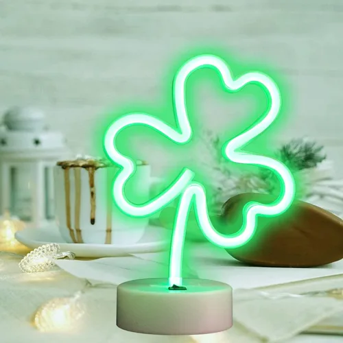 Vista 4 de Letreros de neón con forma de tréboles, decoraciones del día de San Patricio, luces de neón de trébol LED verde para decoración de dormitorio, luces