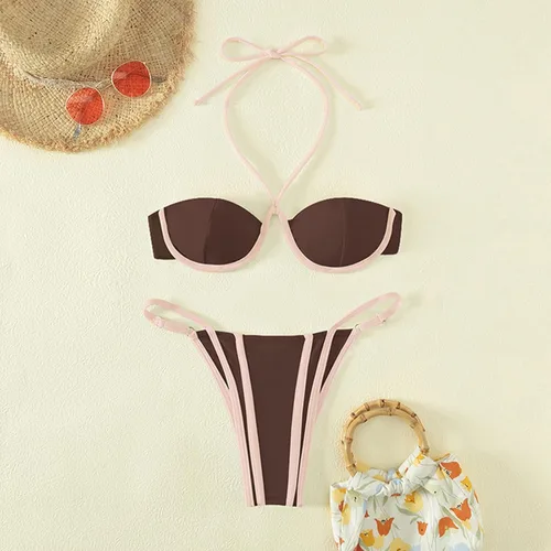 Vista 8 de MIKETAI Bikini sexy para mujer, 2 piezas, color sólido, traje de baño triangular