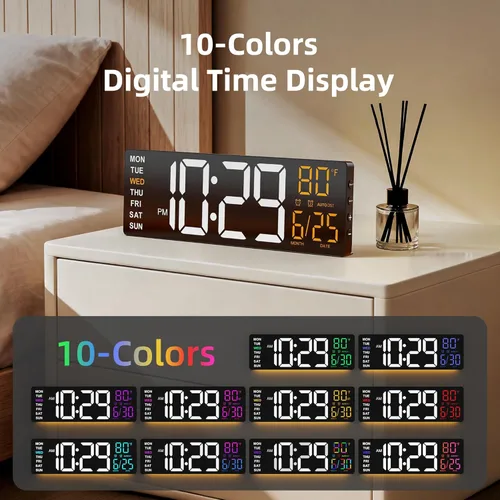 Vista 5 de EASYERA Reloj de pared digital grande de 16.5 pulgadas con pantalla antirreflejo, luces RGB con control remoto de 10 escenas, brillo ajustable