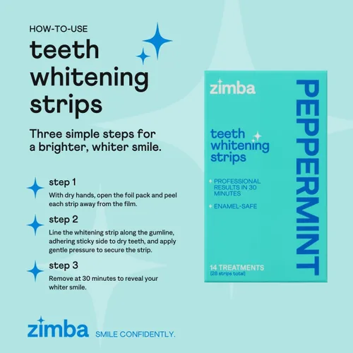 Vista 6 de Zimba Tiras blanqueadoras dentales con sabor a menta Blanqueador dental vegano y seguro para el esmalte con peróxido de hidrógeno para café, vino