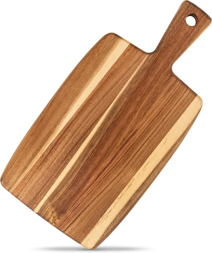 Tabla de cortar de madera de acacia y tabla de cortar con mango para carne, tabla de queso, verduras, pan y embutidos – Tabla decorativa de madera