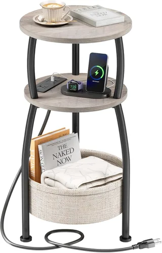 Vista 18 de Mesa auxiliar redonda pequeña para sala de estar con cesta de almacenamiento, mesa auxiliar pequeña que ahorra espacio, mesita de noche de 3