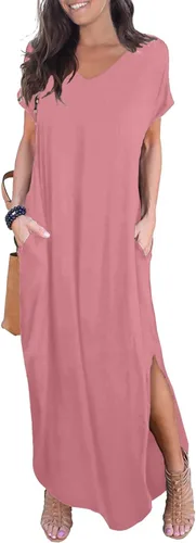 Vista 11 de GRECERELLE - Vestido largo para mujer, holgado, con bolsillos, manga corta y abertura lateral, estilo informal Verde militar