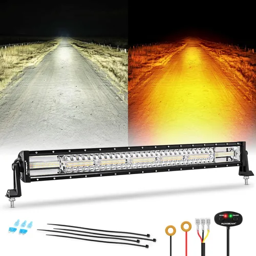 Auxbeam Barra de luz LED ámbar de 30 pulgadas de 180 W de doble color, 6 modos de luz estroboscópica intermitente, luz estroboscópica auxiliar 29.9