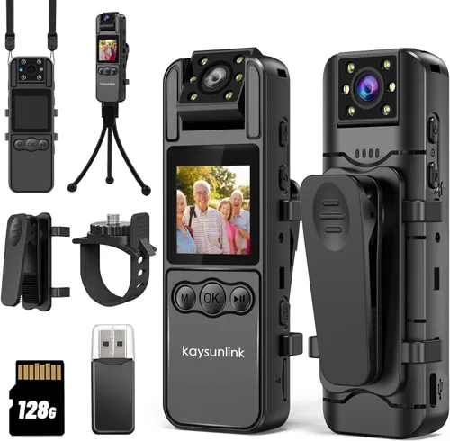 kaysunlink 4K 128GB Cámara Corporal con Pantalla de 1.4” Audio y Visión Nocturna Automática Mini Cámara Policial Portátil de Cuerpo Usable