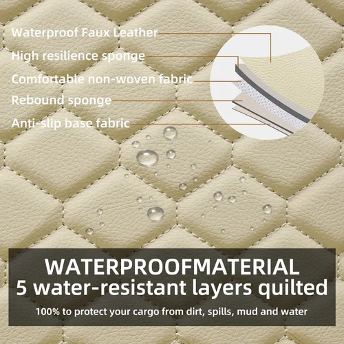 Vista 4 de Elantrip 2 Piezas Fundas de Asiento de Automóvil de Cuero Sintético Beige con Comodidad Acolchada y Bolsillos de Almacenamiento Impermeables