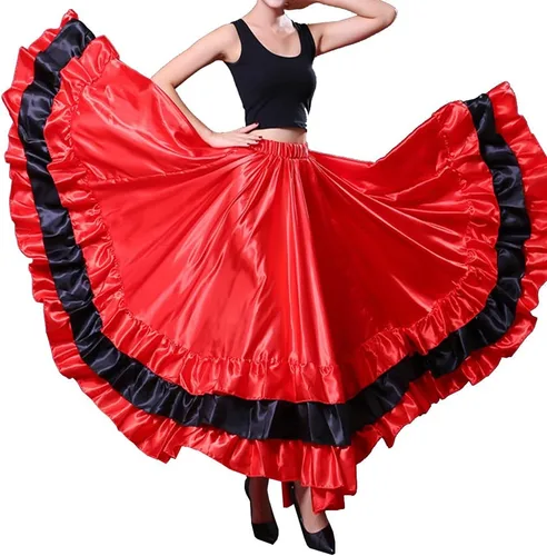 BACKGARDEN Falda larga de satén con capas negras y rojas para mujer, para flamenco español, danza del vientre, ballet mexicano, actuación folklórica