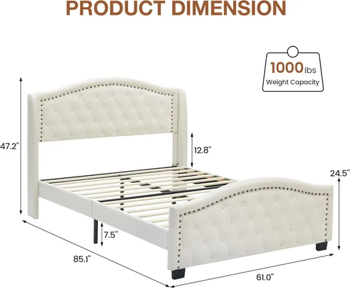 Vista 2 de Base de cama de plataforma tapizada tamaño Queen con cabecero alto de 47.2 pulgadas, cama Queen con botones de terciopelo y cabecera con alas