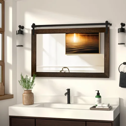 Vista 25 de COGOOD Espejo de puerta de granero de granja, 25 x 18 pulgadas, espejo decrativo con marco de madera rústica para baño, sala de estar, decoración