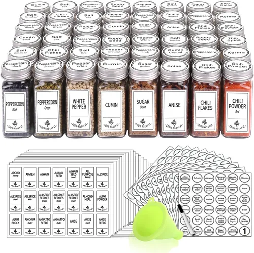 SWOMMOLY - 48 tarros de vidrio para especias con 806 etiquetas blancas, marcador de tiza y embudo, juego completo. Botellas vacías cuadradas de 4