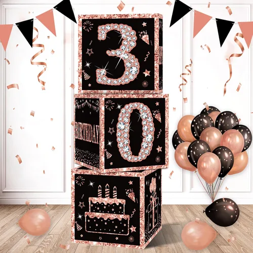 Vista 10 de Eiurteao 3 cajas de decoración de cumpleaños número 16 para niñas, cajas de globos de feliz cumpleaños de 16 años de oro rosa, suministros