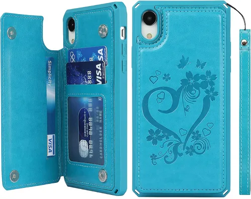 Vista 12 de iCoverCase Funda compatible con iPhone XR con tarjetero para mujer, con bloqueo RFID en relieve, de piel sintética, con correa de muñeca