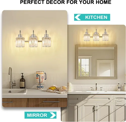 Vista 8 de Lámparas de baño de níquel cepillado con pantalla de cristal K9, iluminación de baño sobre espejo, luces de tocador para sala de estar, dormitorio