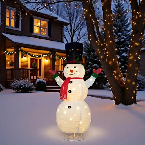 Vista 3 de YULETIME Muñeco de nieve 3D preiluminado de 62 pulgadas, muñeco de nieve navideño emergente iluminado con 100 luces LED blancas cálidas