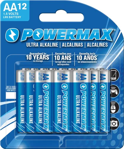 Powermax - Pilas AA, pilas alcalinas de larga duración, vida útil de 10 años, embalaje resellable, paquete de 12 unidades