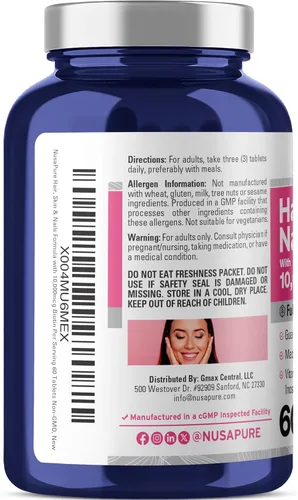 Vista 3 de NusaPure Fórmula para cabello, piel y uñas con 10,000 mcg de biotina por porción, 60 tabletas vegetarianas sin OMG