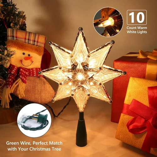 Vista 3 de Brizled Decoración para árbol de Navidad con estrella de 8" iluminada de doble cara, estrella de 8 puntas con 10 luces cálidas, estrella de Navidad
