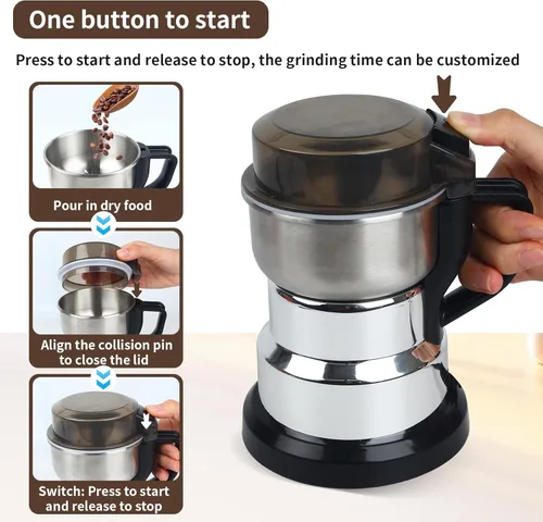 Vista 3 de Molinillos de café eléctricos, molinillo de especias de plata de 150-300 W, operación con un solo botón para moler granos de café, especias, hierbas