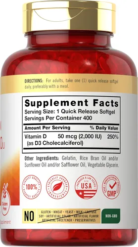 Vista 2 de Carlyle Vitamina D3 2000IU cápsulas blandas 400 unidades Fórmula sin OMG, sin gluten 50 mcg Suplemento de vitamina D