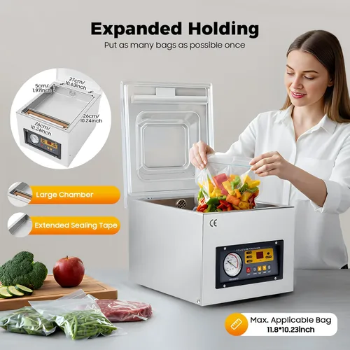 Vista 7 de Chamber Vacuum Sealer, 120W Sealing Power, Vacuum Packing Machine for Wet Foods, Grains, Precision Instruments and More Compact Size with 10.2 in
