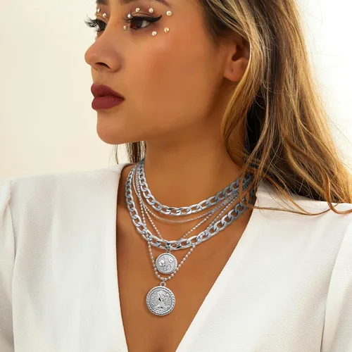 Vista 7 de MJartoria Collares de oro en capas para mujer, collar retro de moda con dije de moneda, collar de oro, cadena de eslabones gruesos, gargantilla