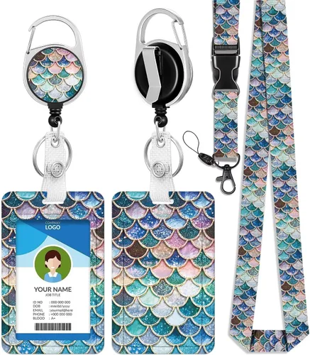 Vista 8 de Portatarjetas blanco con cordón para tarjetas de identificación, carrete retráctil negro con clip de mosquetón, tarjetero de identificación