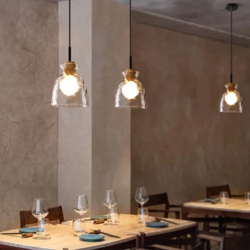 Vista 2 de Modern Kitchen Island Pendant Lights, Handblown Clear Glass Shade Hanging Pendant Lamp with Wood Finish, 59in Adjustable Cord Chandelier for Bedroom