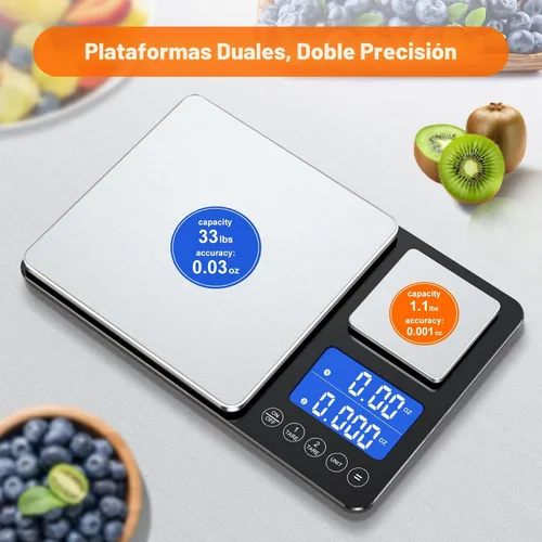 Vista 9 de KUAIVO Báscula de cocina de doble plataforma de 0.001 oz/33 libras, peso digital, gramos y onzas, báscula de cocina de dos precisiones para pan
