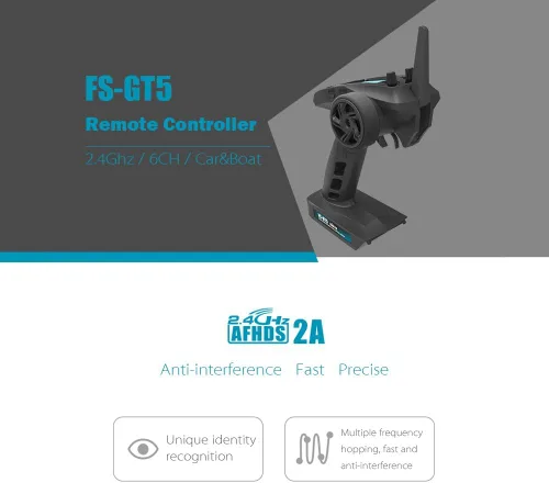 Vista 2 de Flysky FS-GT5 - Transmisor RC de 6 canales AFHDS con receptor FS-BS6 para RC coche bote