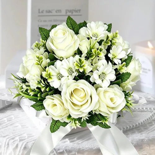 Vista 8 de CYANLUX Ramos de Bodas para Novia y Dama de Honor, Ramos de Champán, Rosas Artificiales Blancas para Bodas, San Valentín, Iglesia, Decoración