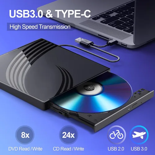 Vista 2 de BPAKDU Unidad externa de CD/DVD para laptop, grabadora de CD ultra delgada, concentrador USB 3.0 con 4 puertos USB, 2 ranuras para tarjetas TF/SD, 1