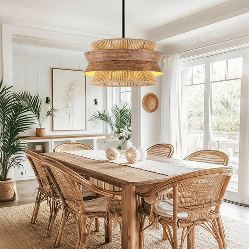 Vista 3 de Lámpara de araña de ratán tejida a mano de 19.7 pulgadas para comedor, 4 luces, estilo bohemio, estilo granja, ajustable, para cocina, isla, sala