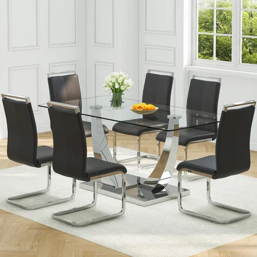 Vista 11 de Juego de Mesa de Comedor Negra para 6, Mesa de Comedor de Mármol Falso de 71" para 6, Juego de Mesa de Cocina Rectangular con Sillas de Cuero PU