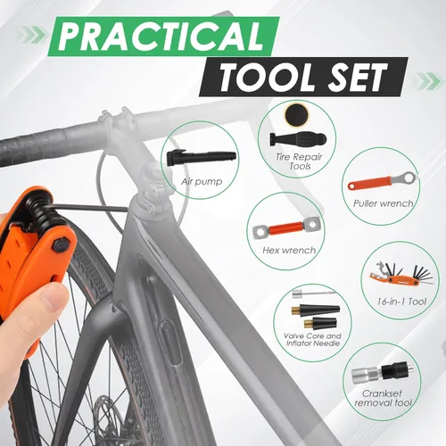 Vista 4 de Kit de bolsa de reparación de bicicletas, kit de reparación de bicicletas portátil para acampar y viajar, juego de herramientas de bicicleta