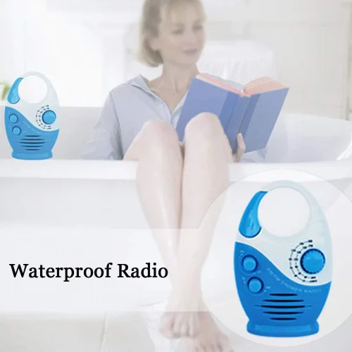 Vista 2 de Radio de ducha impermeable, radio AM/FM a prueba de salpicaduras con mango superior para uso en baño al aire libre - Altavoz integrado y volumen