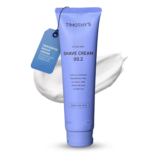 Timothy's Crema de afeitar sin fragancia 3 oz. tamaño de viaje, sin alcohol, sin parabenos, sin perfume, sin SLS, resbaladizo, hidratante, tamaño de