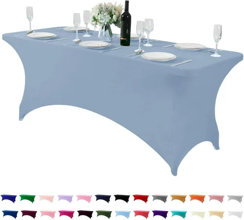 Vista 100 de Paquete de 2 manteles de elastano para mesa de 4, 6 o 9 pies, mantel elástico universal ajustable para fiestas, banquetes, bodas y eventos
