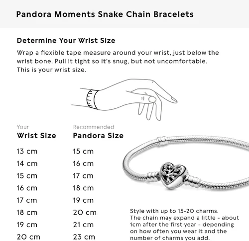 Vista 4 de PANDORA Pandora Moments - Pulsera de cadena de serpiente con cierre de corazón y árbol genealógico transparente pulsera de plata de ley 925