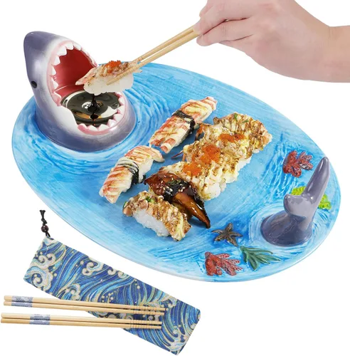 Platos de tiburón, plato de sushi de tiburón 3 en 1 mejorado, plato de sushi de tiburón, plato de tiburón con compartimento para salsa, material