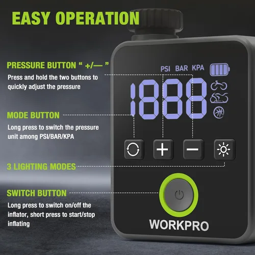 Vista 6 de WORKPRO Mini bomba eléctrica para bicicleta, bomba de neumático de bicicleta portátil de 140 PSI con manómetro, pantalla digital, apagado