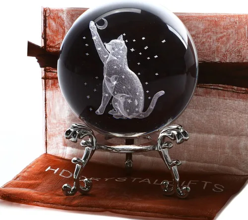 ZEERSHEE Figura de Bola de Cristal de Gato de 60mm con Grabado Láser 3D con Luna y Estrellas, Pisapapeles de Vidrio para Gatos, Decoración del Hogar