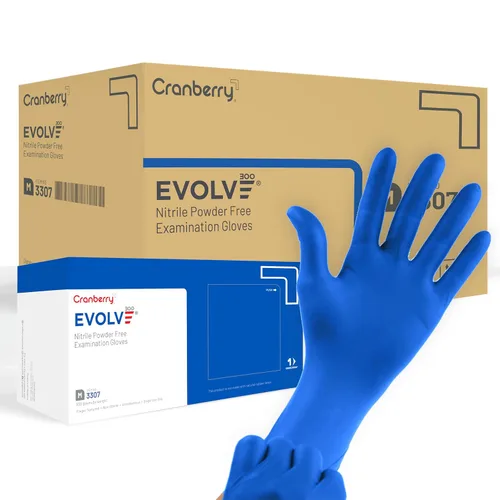 Vista 5 de Guantes Cranberry USA Evolve de nitrilo sin polvo para examen, 2.0 mil, talla XS, 300 unidades, azul