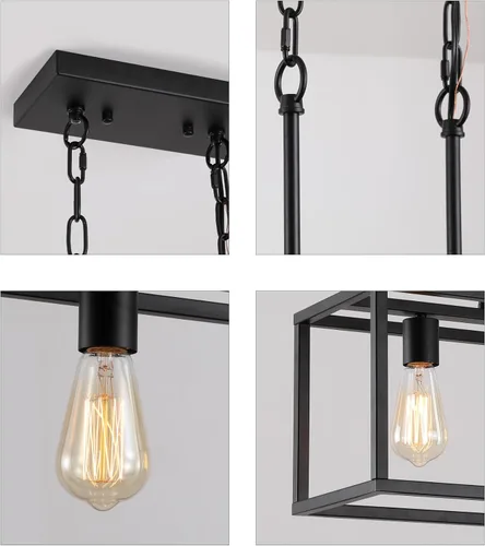 Vista 8 de AMZASA Luces Rectangulares Negras para Isla de Cocina Candelabro Industrial Rectangular Moderno para Comedor 5 Luces Lineales Vintage con Jaula