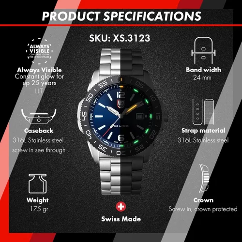 Vista 4 de Luminox Pacific Diver Sea Series - Reloj analógico de buceo para hombre, color plateado y azul de 1.732in, Buceador