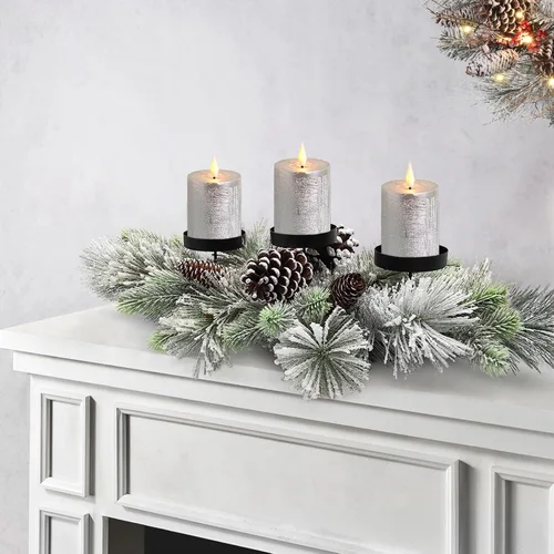 Vista 2 de Centros de mesa de Navidad, 27.5 pulgadas, diseñados con agujas de pino flocadas, piñas escarchadas para mesa de comedor y repisa de chimenea