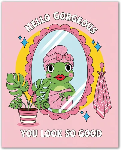 Mirror Frog Says You Slay - Pink Frog Decor - Cute Bathroom Art for College Girls - Retro Bathroom Wall Art - Room Decor for Teens - Unframed 8x10