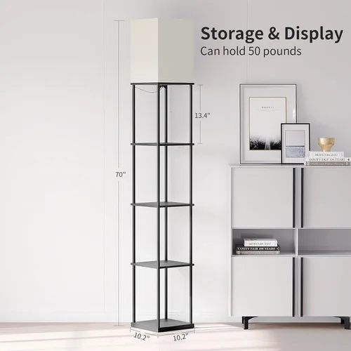 Vista 5 de SUNMORY Lámpara de pie de 5 niveles con estantes, moderna lámpara de pie cuadrada con bombilla de temperatura de 3 colores, lámpara de estantería