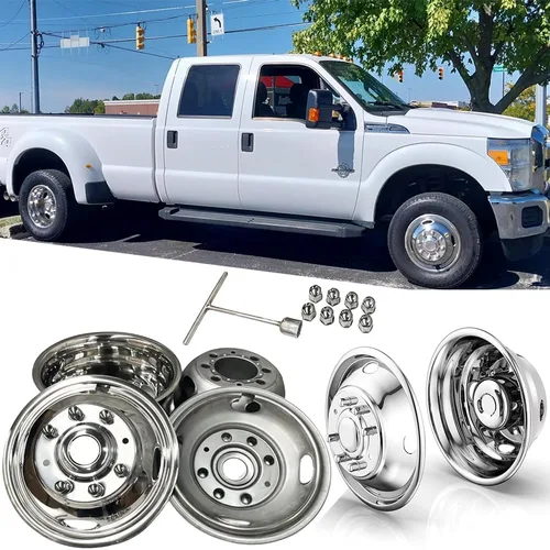 Vista 15 de 4 simuladores de ruedas dobles de acero inoxidable pulido de 16 pulgadas, 8 orejetas 4 orificios manuales tapacubos para Chevy GMC 3500 1974-2000