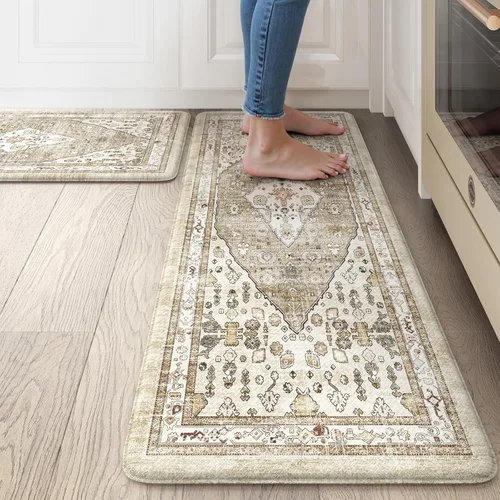 Vista 17 de Collive Alfombras y Tapetes Boho para Cocina 2 PIEZAS Alfombra Antifatiga Acolchada, Juego de 2 Alfombras de Cocina Impermeables Antideslizantes