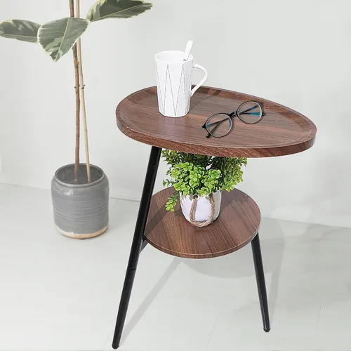 Vista 6 de Mesa auxiliar pequeña, mesa redonda ovalada de madera, mesa de sofá de 2 niveles, mesita de noche con marco de metal para sala de estar, dormitorio